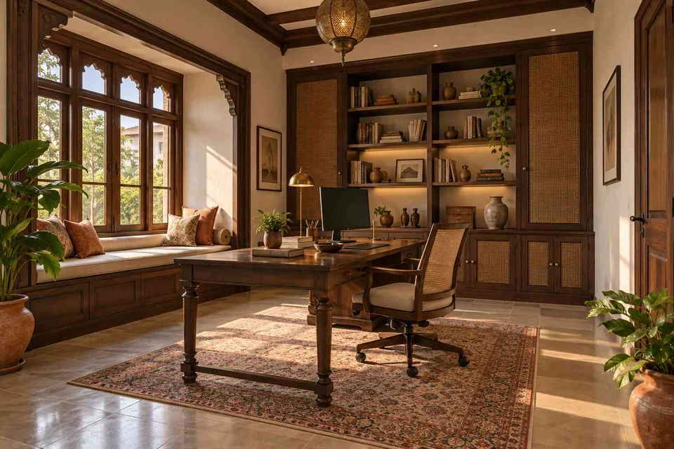 AI-generated home office concept: asymmetric executive study, terracotta heritage direction