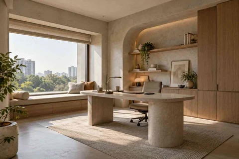 AI-generated home office concept: asymmetric executive study, textured mineral direction