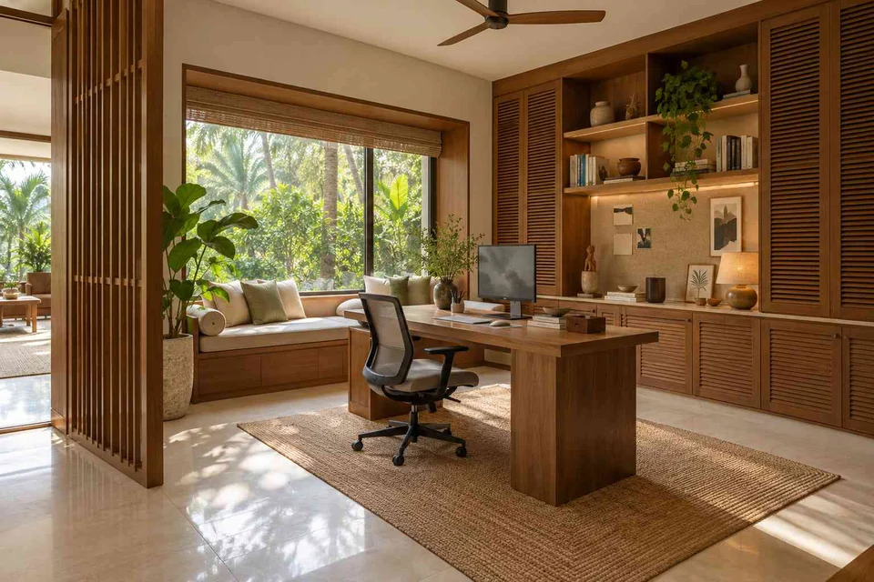 AI-generated home office concept: asymmetric executive study, tropical slatted direction