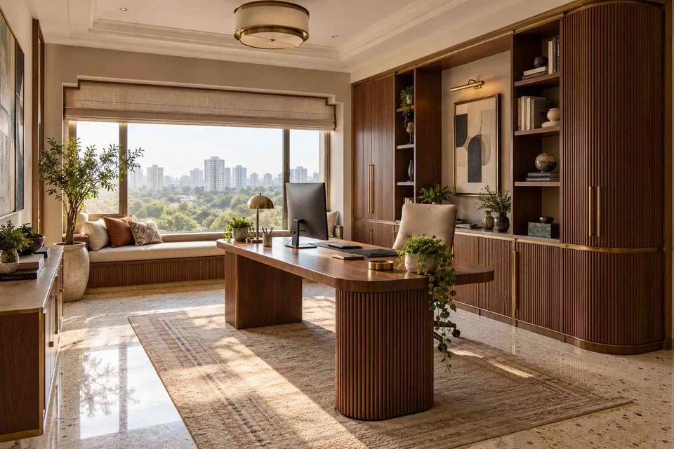 AI-generated home office concept: asymmetric executive study, urban deco direction