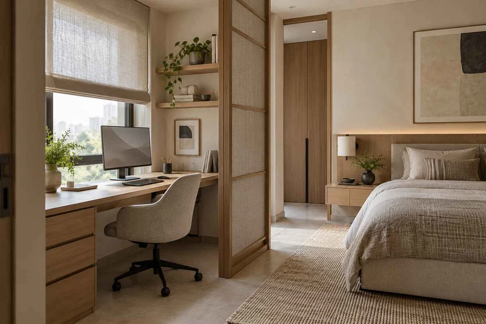 AI-generated home office concept: bedroom work alcove, ash and linen direction