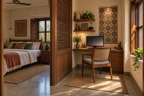 AI-generated home office concept: bedroom work alcove, chettinad tile direction