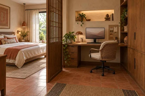 AI-generated home office concept: bedroom work alcove, clay artisan direction