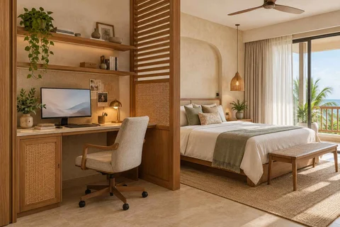 AI-generated home office concept: bedroom work alcove, coastal woven direction