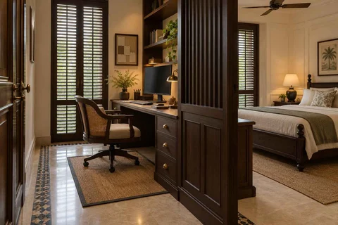 AI-generated home office concept: bedroom work alcove, colonial quiet direction