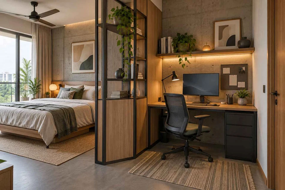 AI-generated home office concept: bedroom work alcove, concrete and oak direction