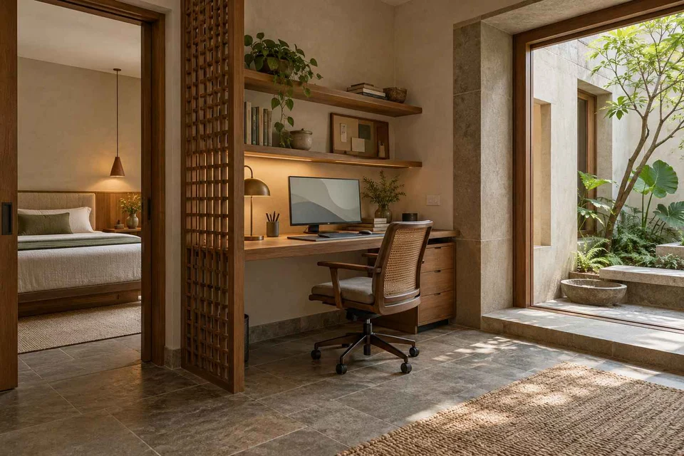 AI-generated home office concept: bedroom work alcove, courtyard modern direction