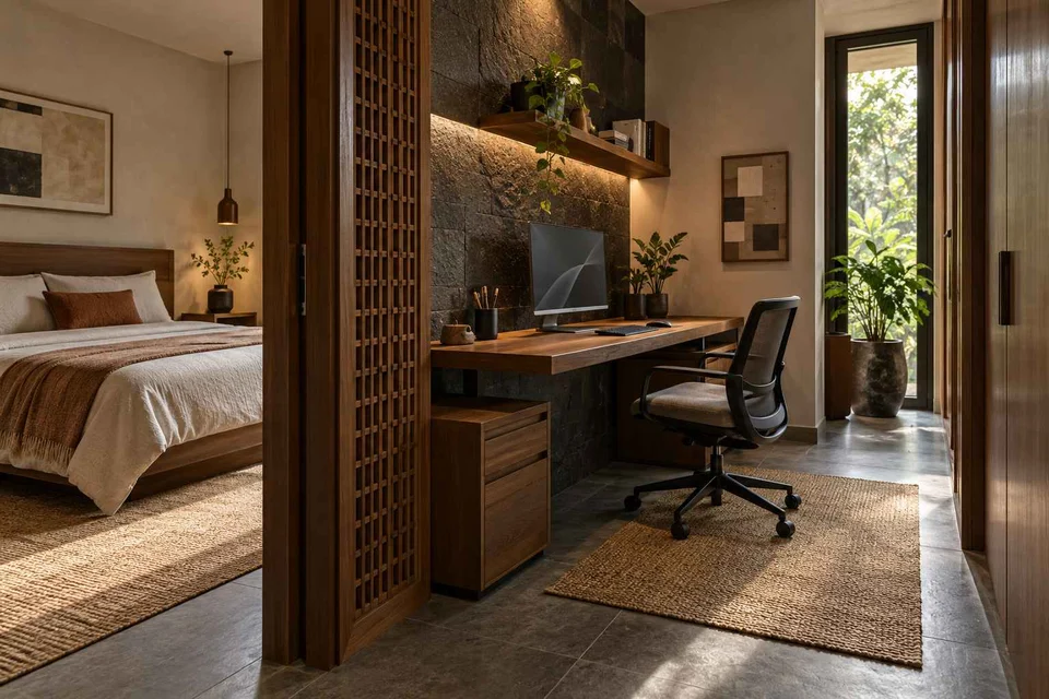 AI-generated home office concept: bedroom work alcove, deccan stone direction