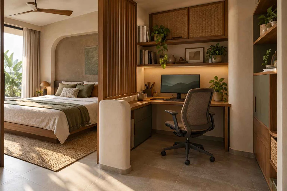 AI-generated home office concept: bedroom work alcove, earth and bamboo direction