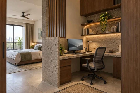 AI-generated home office concept: bedroom work alcove, granite precision direction
