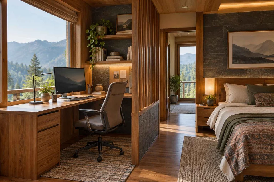 AI-generated home office concept: bedroom work alcove, hill timber direction