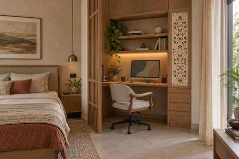 AI-generated home office concept: bedroom work alcove, inlay atelier direction