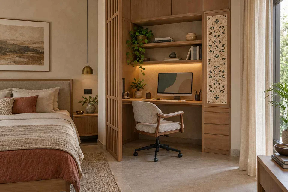 AI-generated home office concept: bedroom work alcove, inlay atelier direction