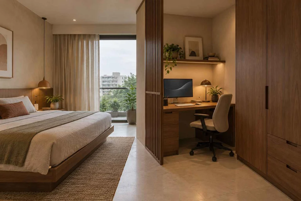 AI-generated home office concept: bedroom work alcove, lime and walnut direction