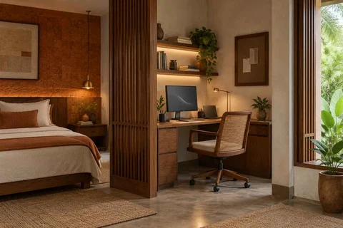 AI-generated home office concept: bedroom work alcove, malabar timber direction