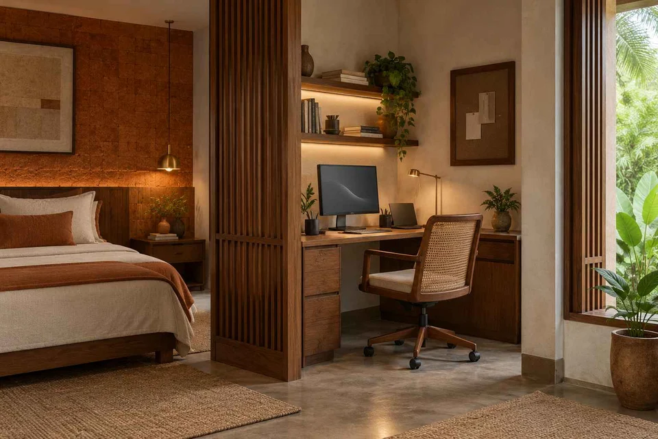 AI-generated home office concept: bedroom work alcove, malabar timber direction