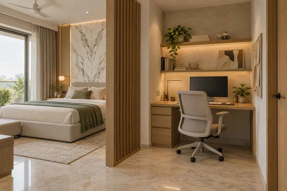 AI-generated home office concept: bedroom work alcove, marble restraint direction