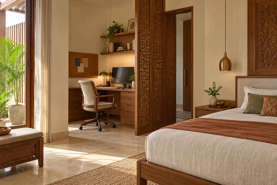 AI-generated home office concept: bedroom work alcove, modern carved direction
