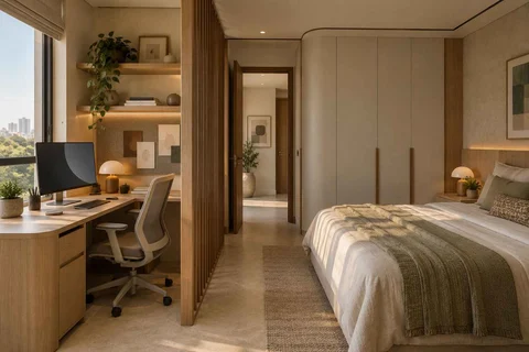 AI-generated home office concept: bedroom work alcove, quiet contemporary direction