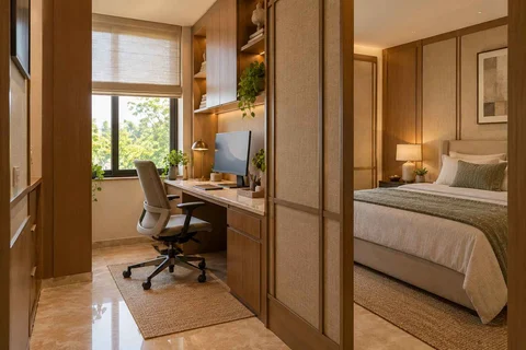 AI-generated home office concept: bedroom work alcove, quiet transitional direction