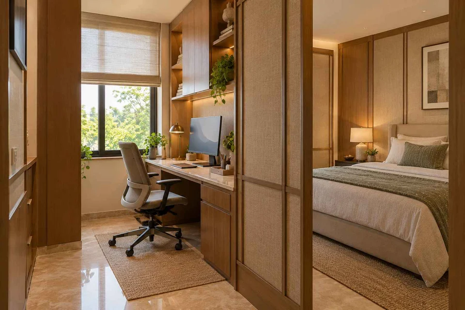 AI-generated home office concept: bedroom work alcove, quiet transitional direction