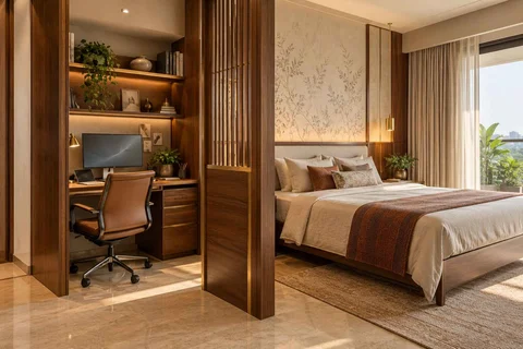 AI-generated home office concept: bedroom work alcove, rosewood brass direction
