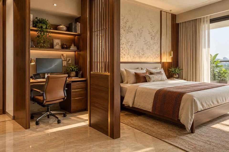 AI-generated home office concept: bedroom work alcove, rosewood brass direction