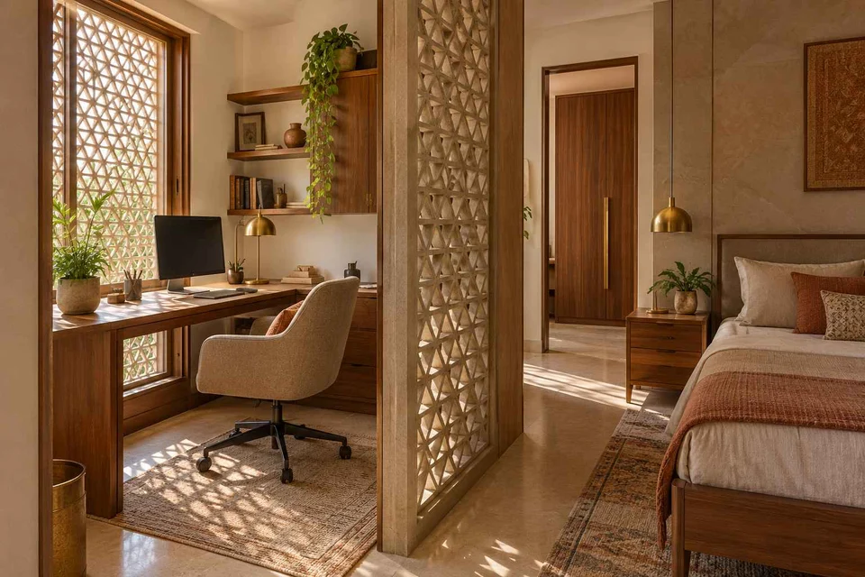AI-generated home office concept: bedroom work alcove, sandstone lattice direction