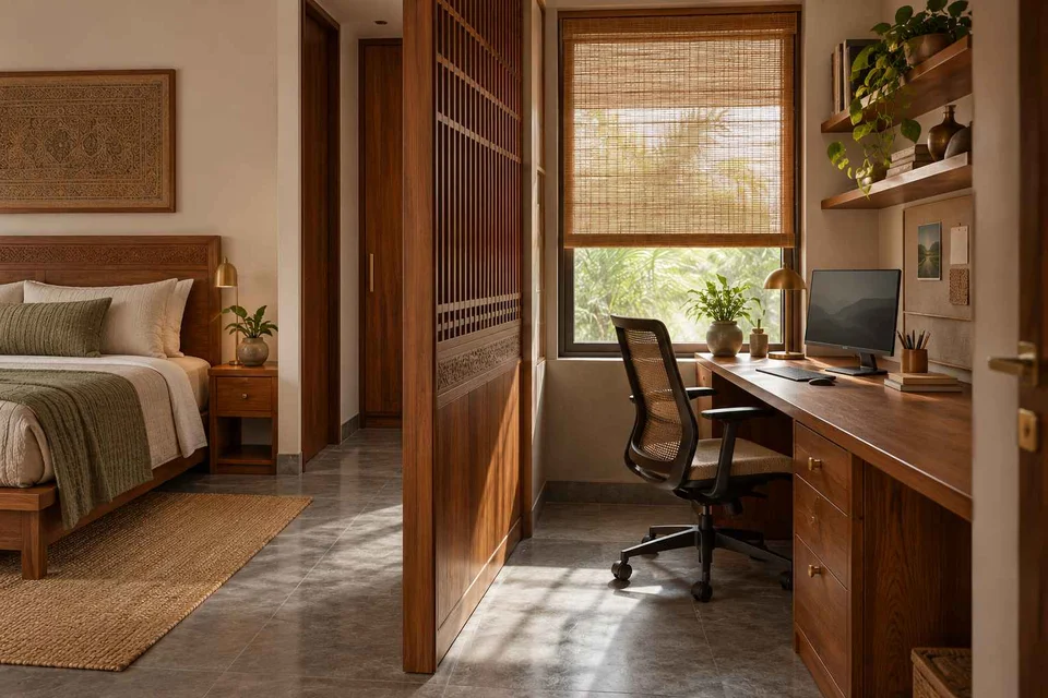 AI-generated home office concept: bedroom work alcove, teak craft direction