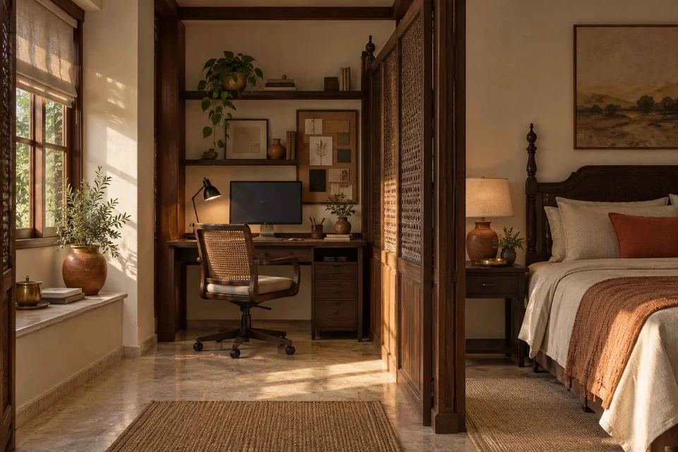 AI-generated home office concept: bedroom work alcove, terracotta heritage direction
