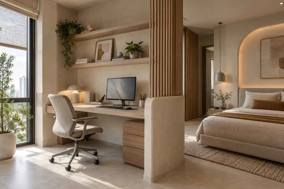 AI-generated home office concept: bedroom work alcove, textured mineral direction