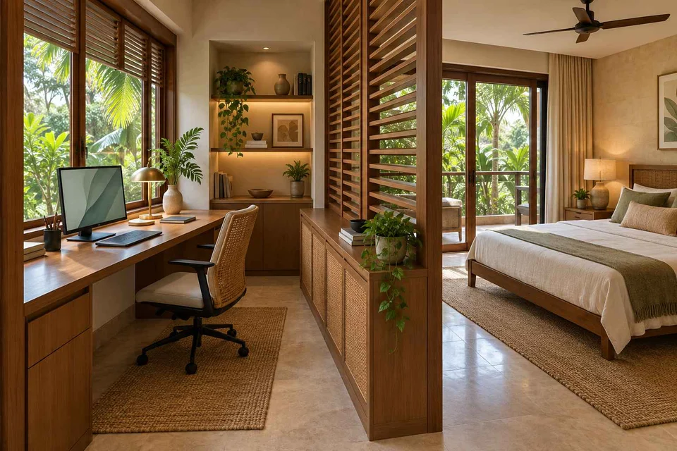 AI-generated home office concept: bedroom work alcove, tropical slatted direction