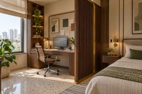 AI-generated home office concept: bedroom work alcove, urban deco direction