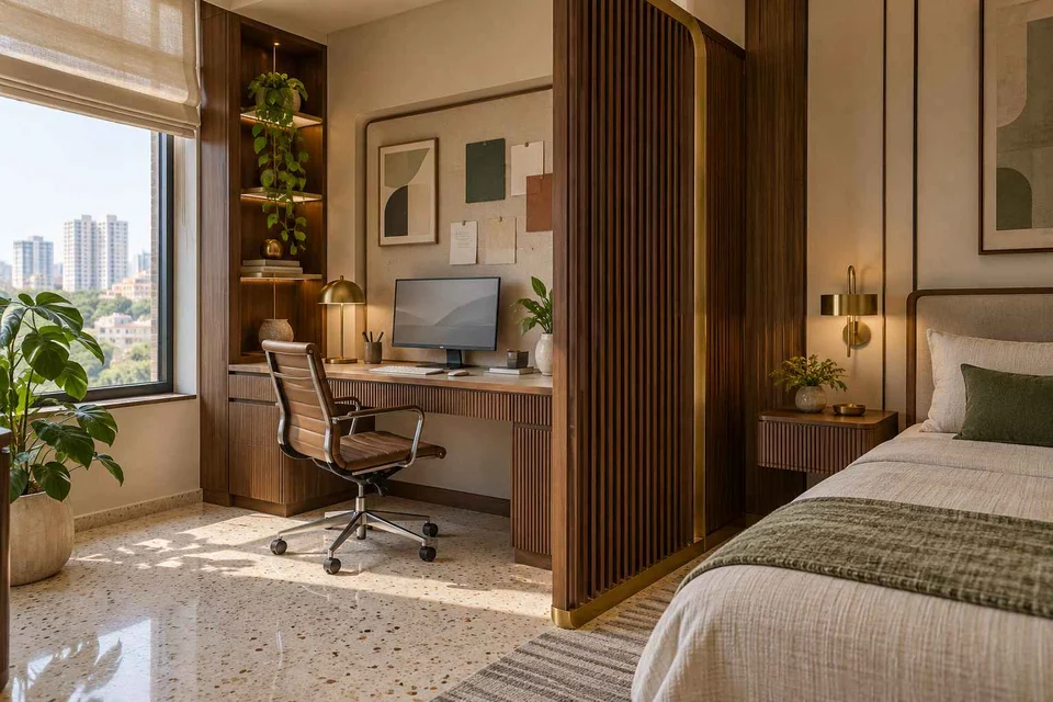 AI-generated home office concept: bedroom work alcove, urban deco direction
