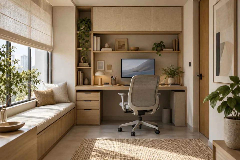 AI-generated home office concept: bookshelf desk bay, ash and linen direction