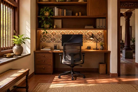 AI-generated home office concept: bookshelf desk bay, chettinad tile direction