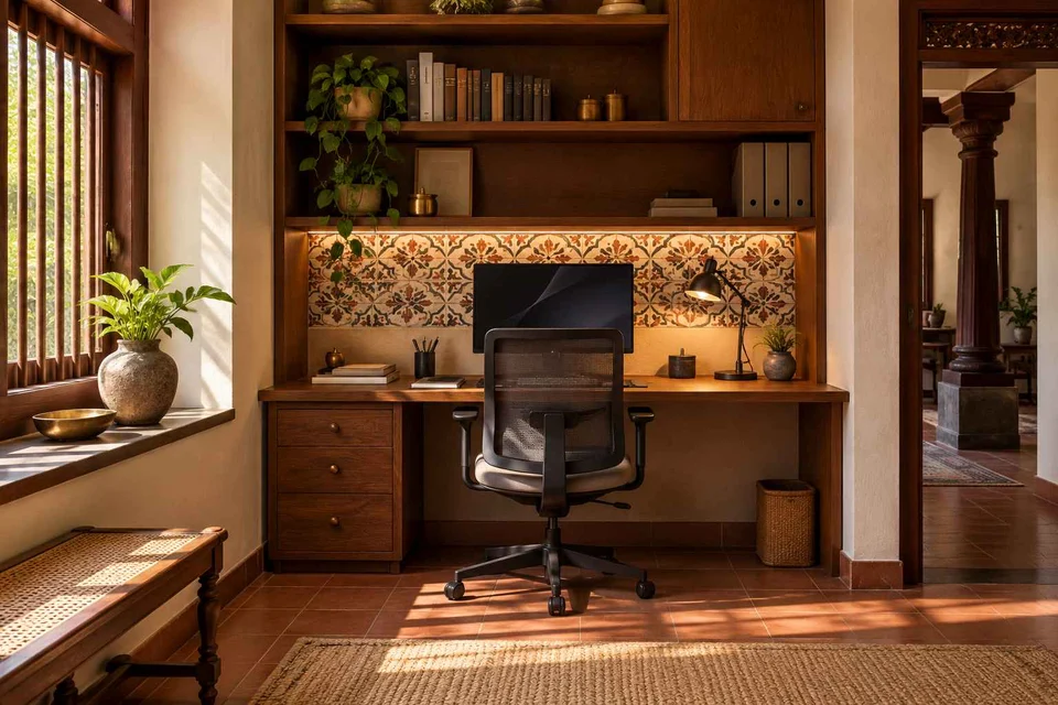 AI-generated home office concept: bookshelf desk bay, chettinad tile direction