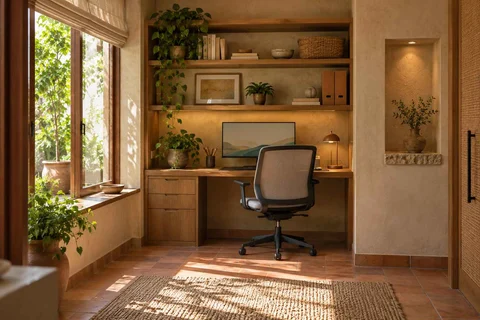 AI-generated home office concept: bookshelf desk bay, clay artisan direction