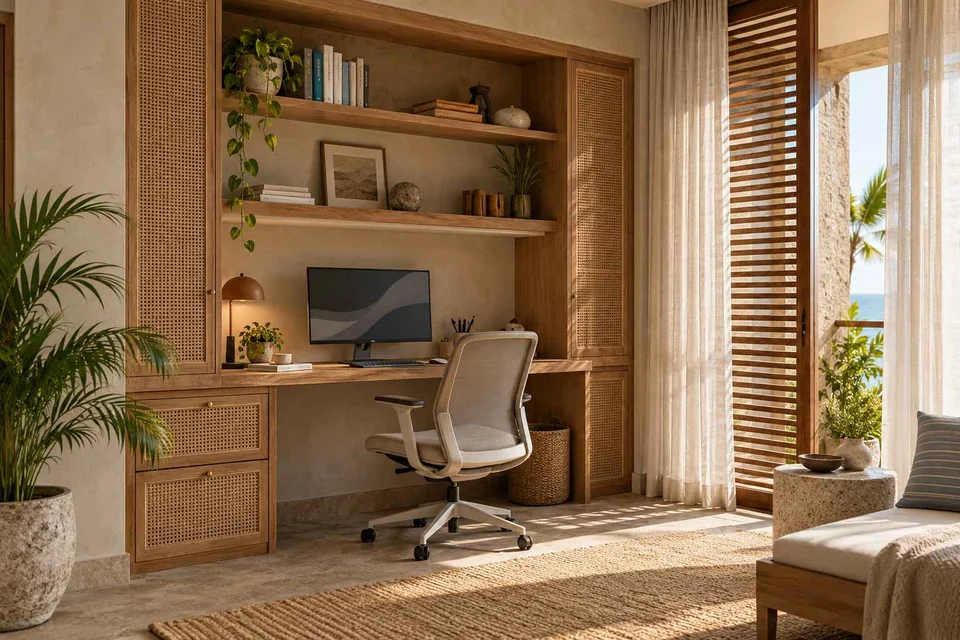 AI-generated home office concept: bookshelf desk bay, coastal woven direction