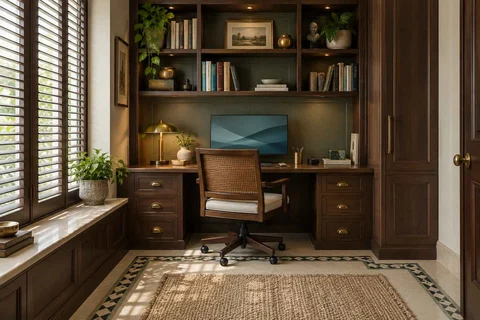 AI-generated home office concept: bookshelf desk bay, colonial quiet direction