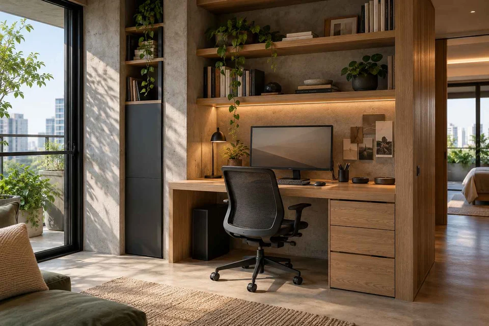 AI-generated home office concept: bookshelf desk bay, concrete and oak direction