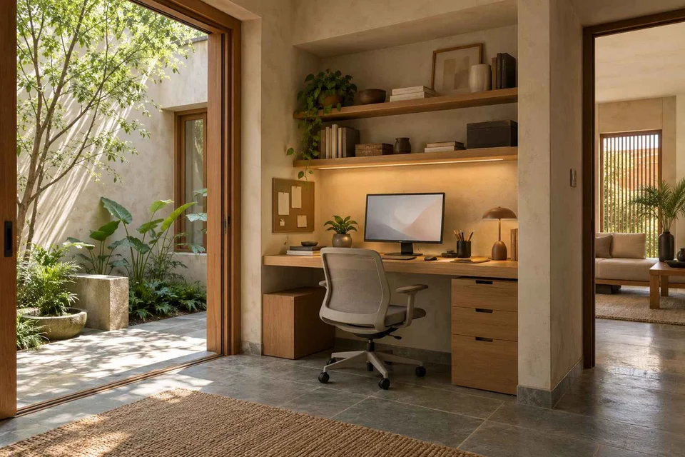 AI-generated home office concept: bookshelf desk bay, courtyard modern direction
