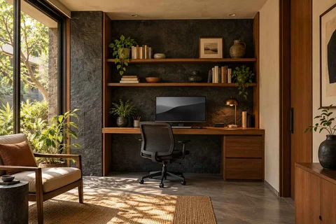 AI-generated home office concept: bookshelf desk bay, deccan stone direction