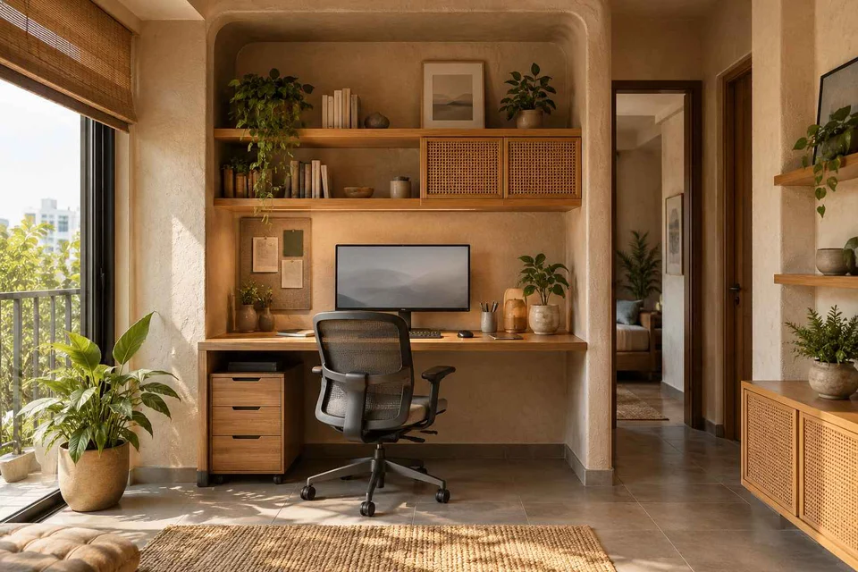 AI-generated home office concept: bookshelf desk bay, earth and bamboo direction