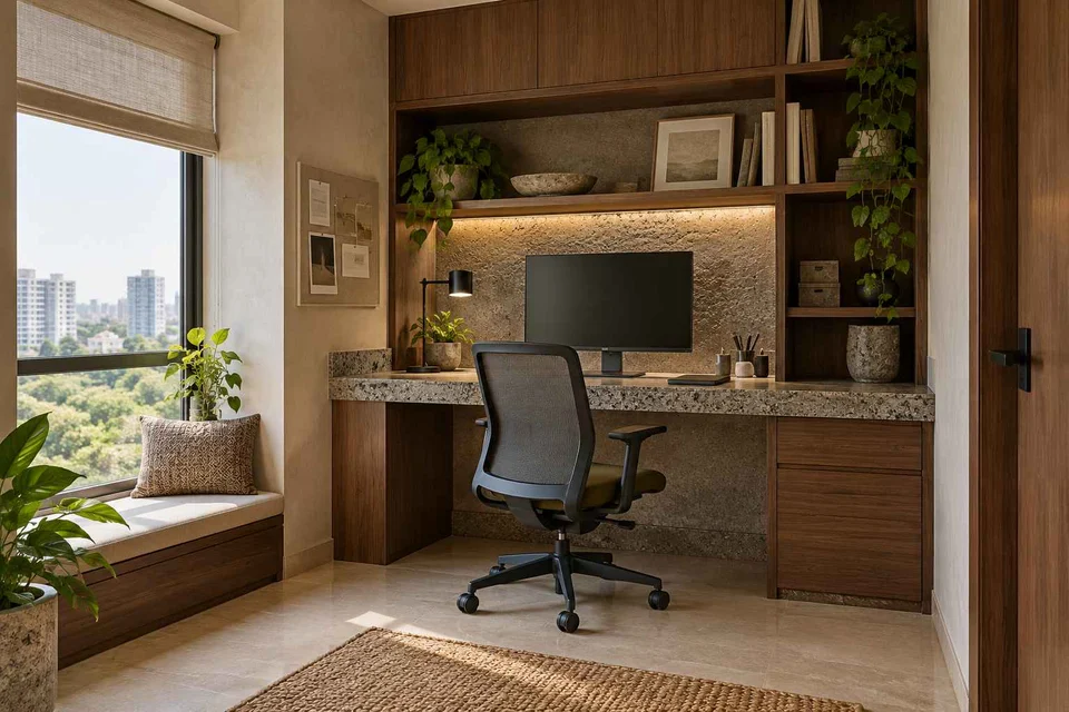 AI-generated home office concept: bookshelf desk bay, granite precision direction