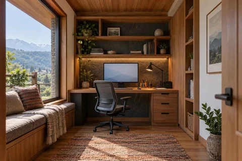 AI-generated home office concept: bookshelf desk bay, hill timber direction
