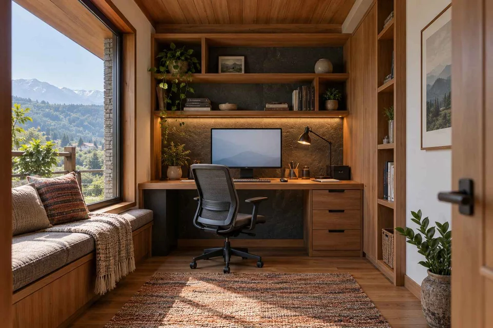 AI-generated home office concept: bookshelf desk bay, hill timber direction
