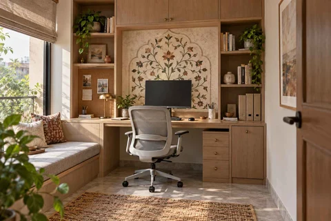 AI-generated home office concept: bookshelf desk bay, inlay atelier direction