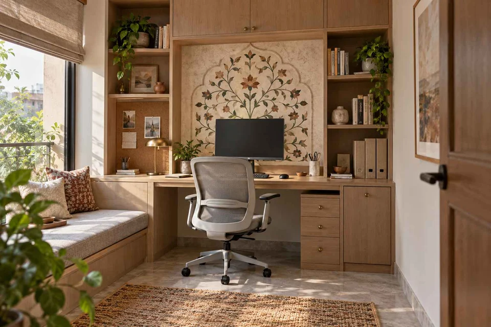 AI-generated home office concept: bookshelf desk bay, inlay atelier direction