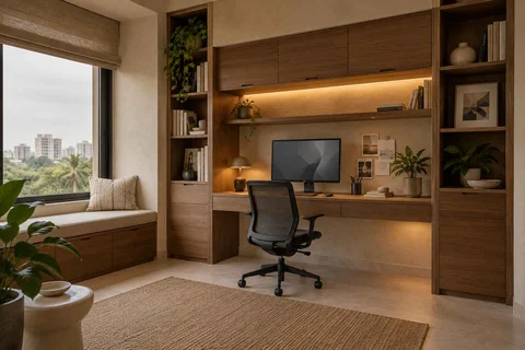 AI-generated home office concept: bookshelf desk bay, lime and walnut direction
